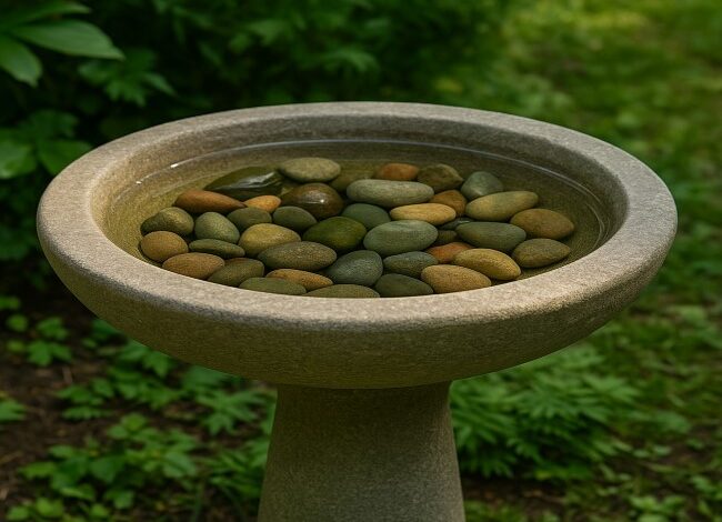 bird bath with stones